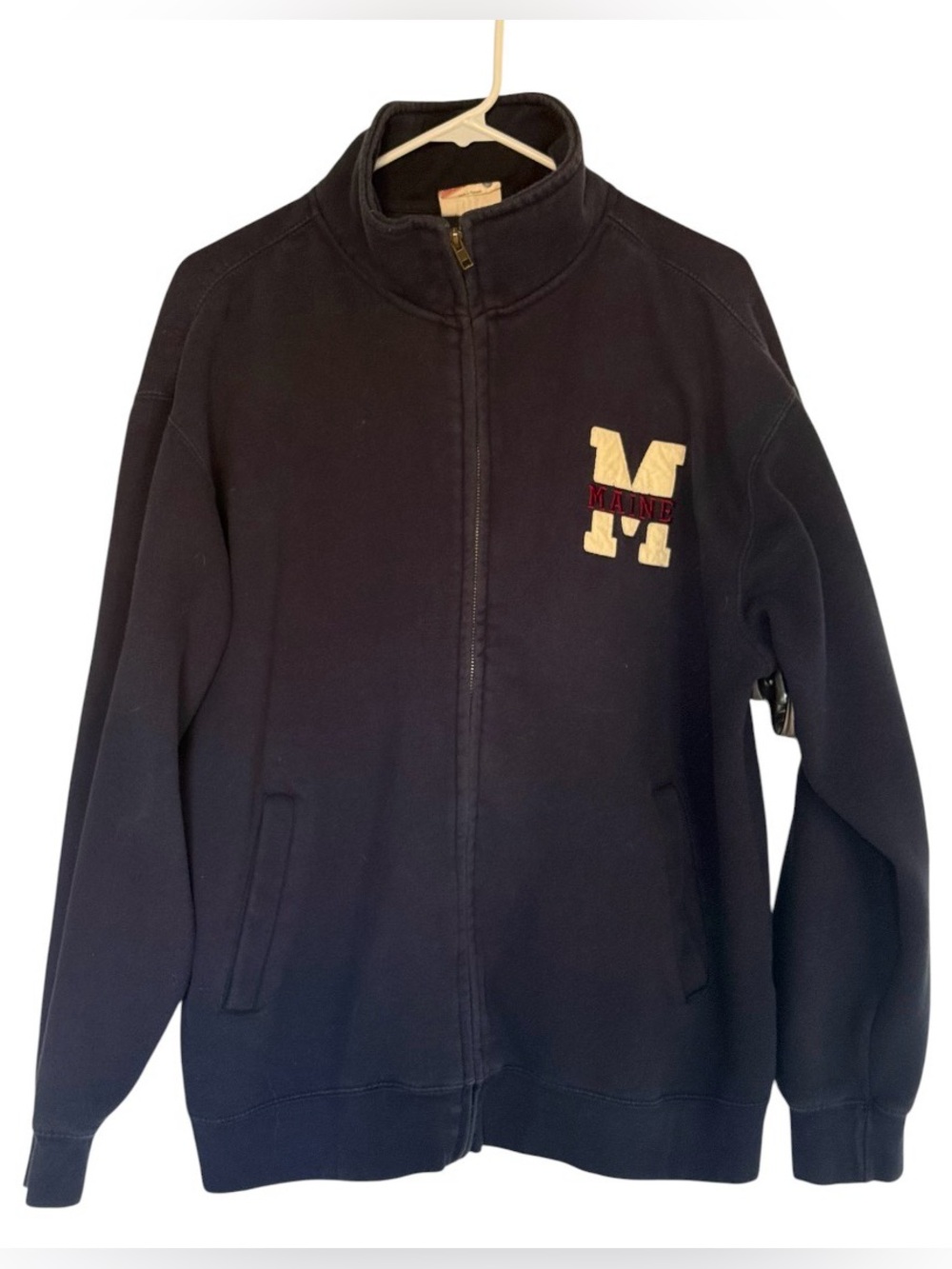 Pro Weave Navy Varsity Zip-Up Fleece Jacket with Cream 'M' Maine Patch SzL